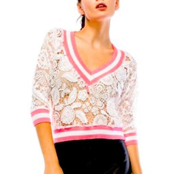 Lace Cardigan Pink Stripe White Varsity Top - Picture 2 of 5